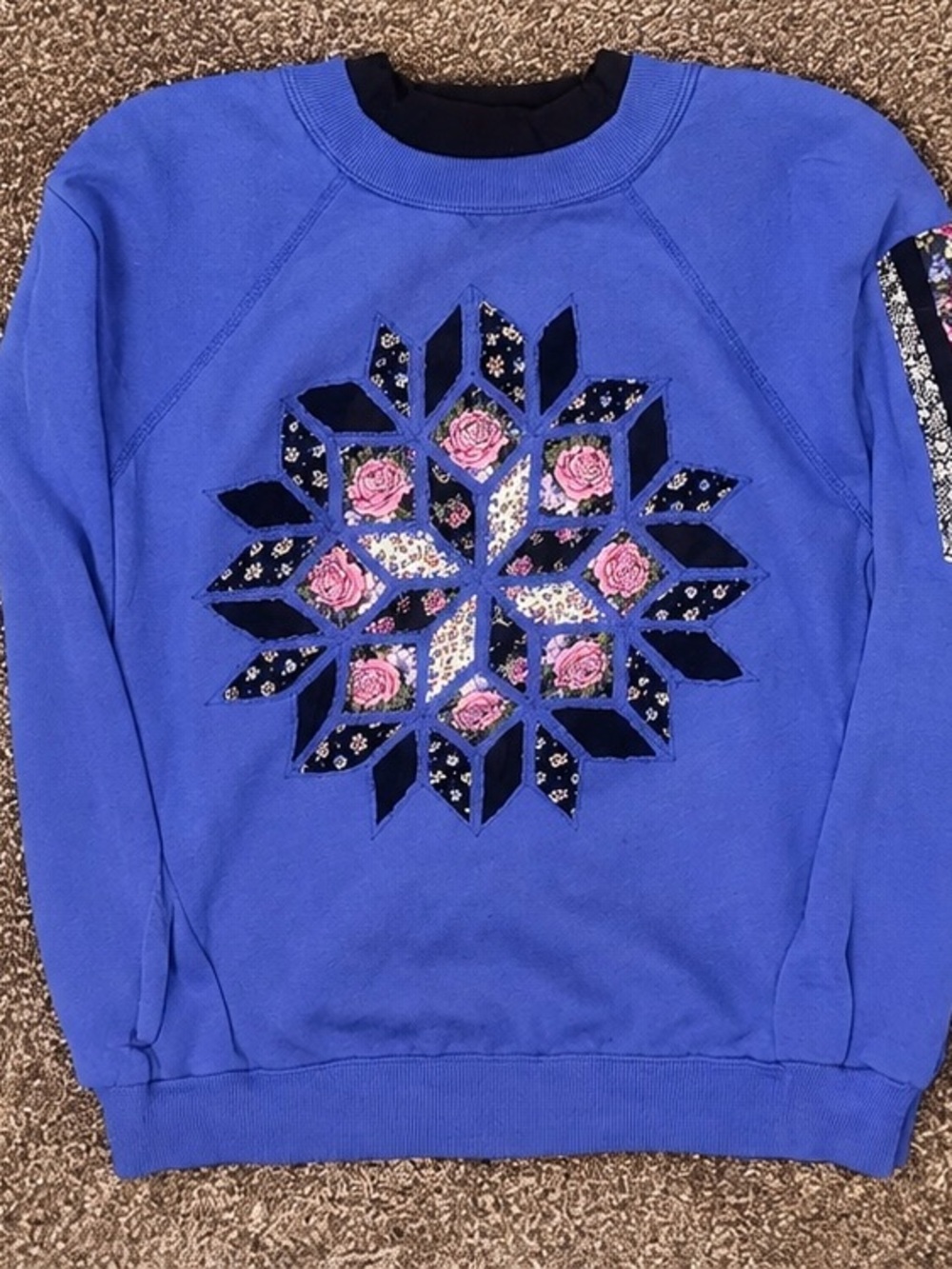 Blue Floral Patchwork Crewneck Sweater - Women's